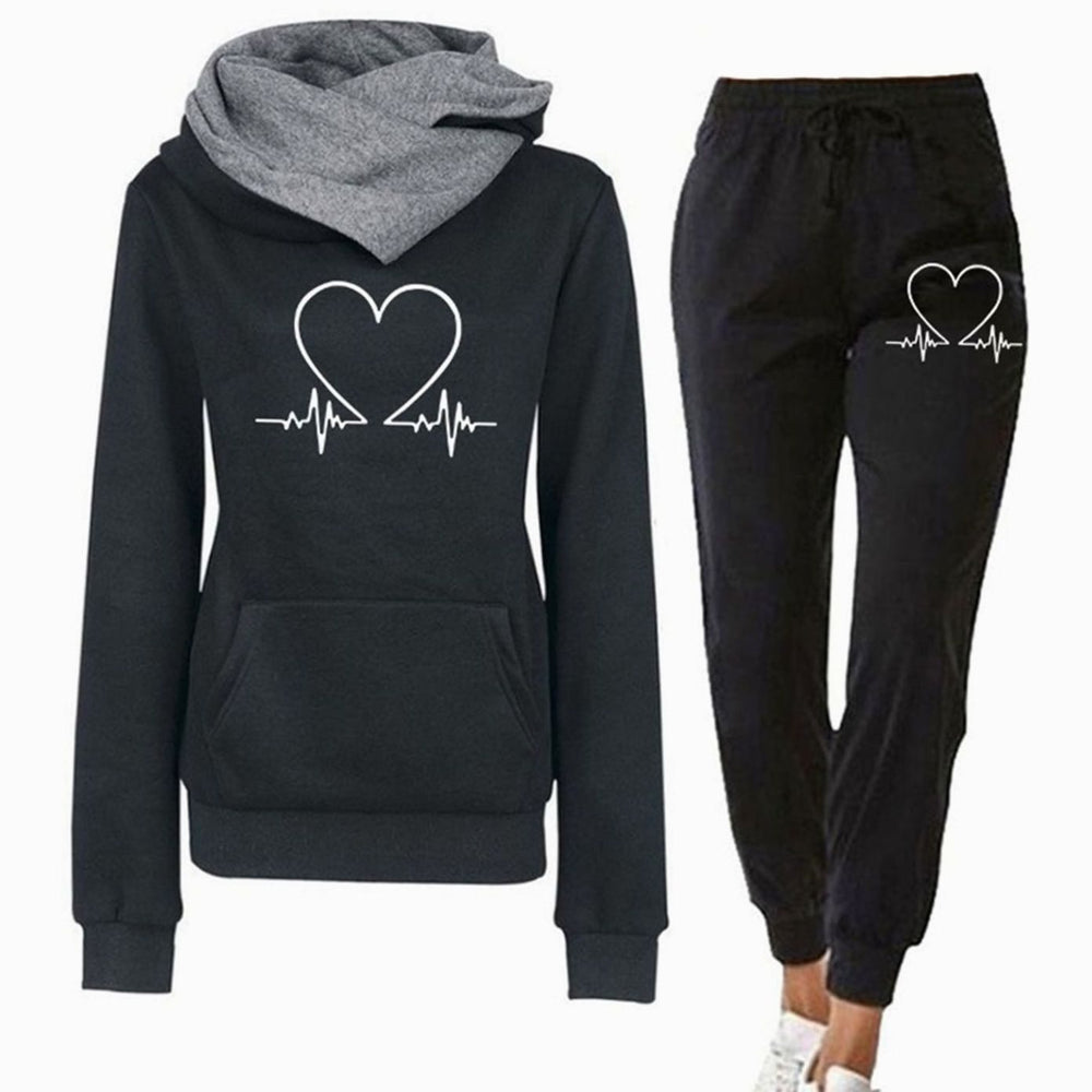 Women's Relaxed-Fit Heart Graphic Two-Piece Tracksuit Hoodie Jogger Set - Black