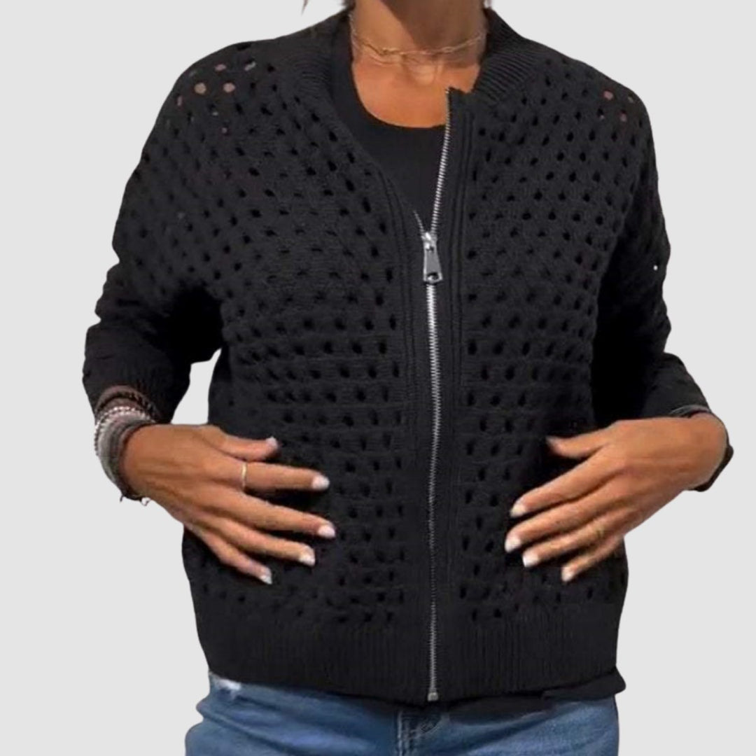 Women's Relaxed-Fit Hollow-Knit Zip-Up Cardigan Sweater - Black