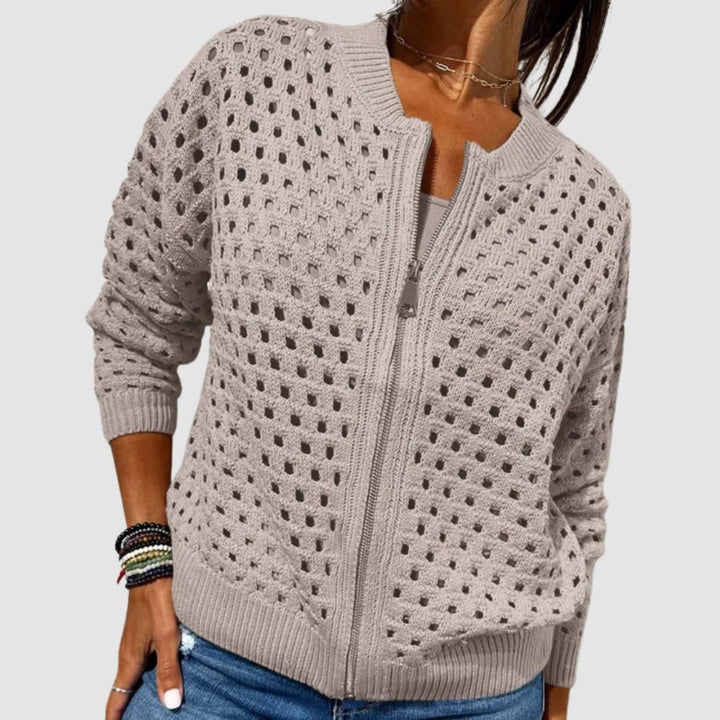 Women's Relaxed-Fit Hollow-Knit Zip-Up Cardigan Sweater - Khaki