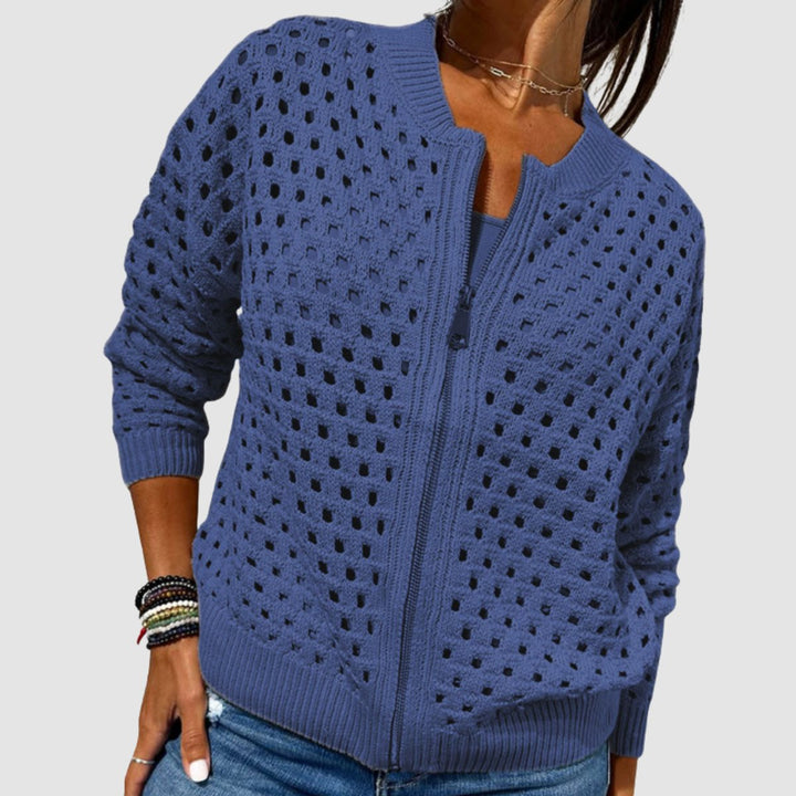 Women's Relaxed-Fit Hollow-Knit Zip-Up Cardigan Sweater - Blue