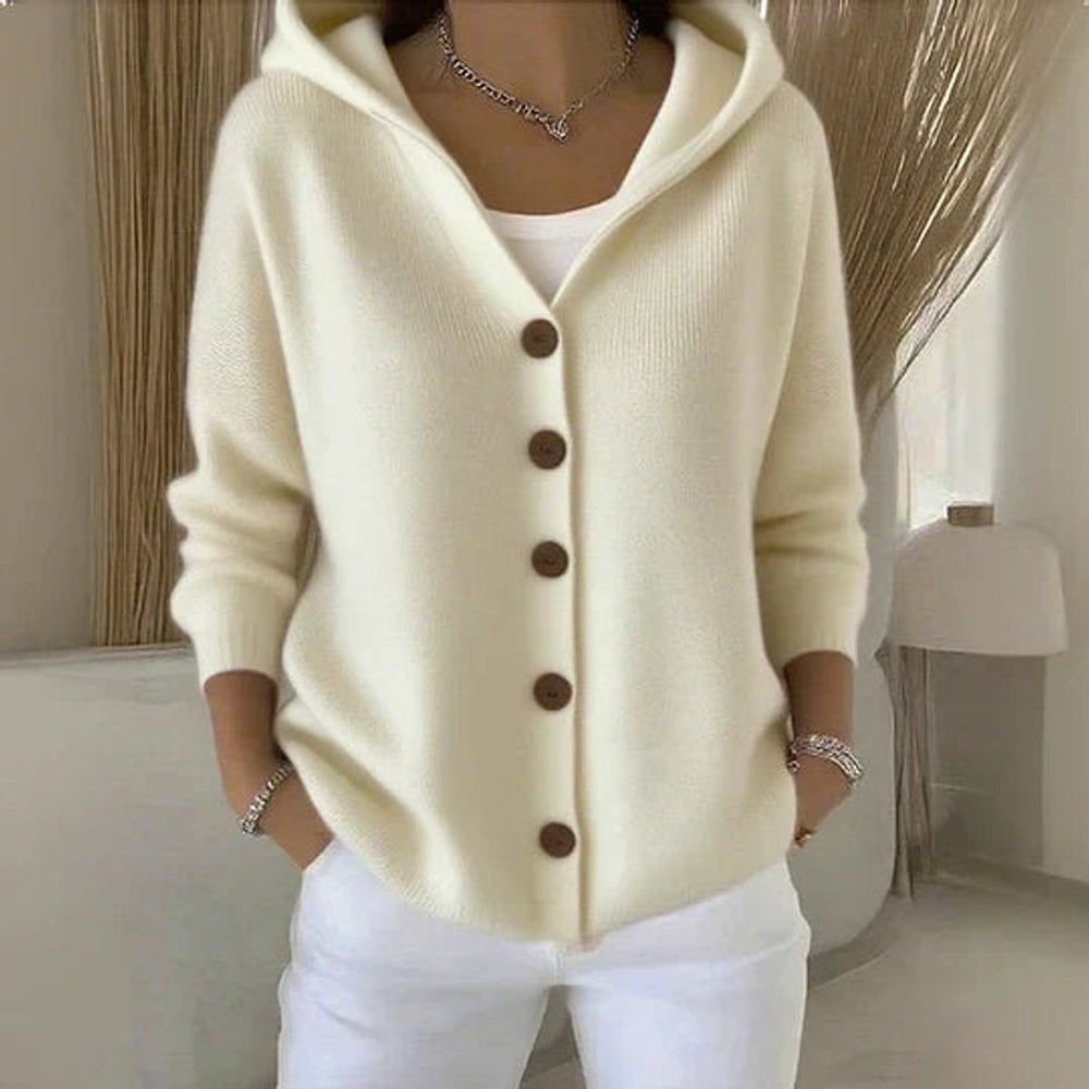 Women's Relaxed-Fit Hooded Button-Front Knit Cardigan - Beige