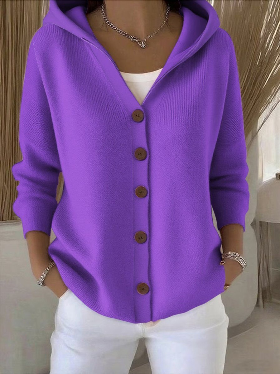 Women's Relaxed-Fit Hooded Button-Front Knit Cardigan - Purple