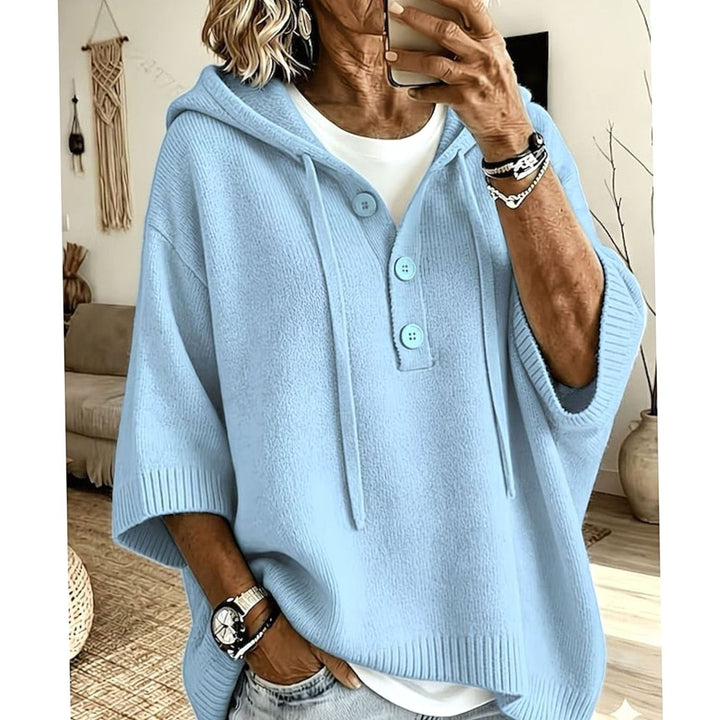 Women's Relaxed-Fit Hooded Knit Sweater Half-Button 3/4 Sleeve - Sky Blue