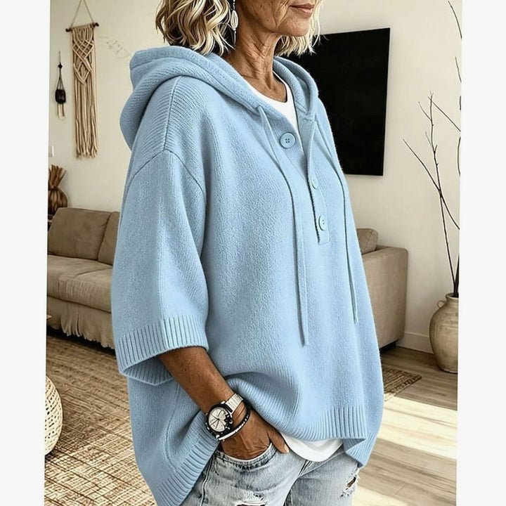 Women's Relaxed-Fit Hooded Knit Sweater Half-Button 3/4 Sleeve