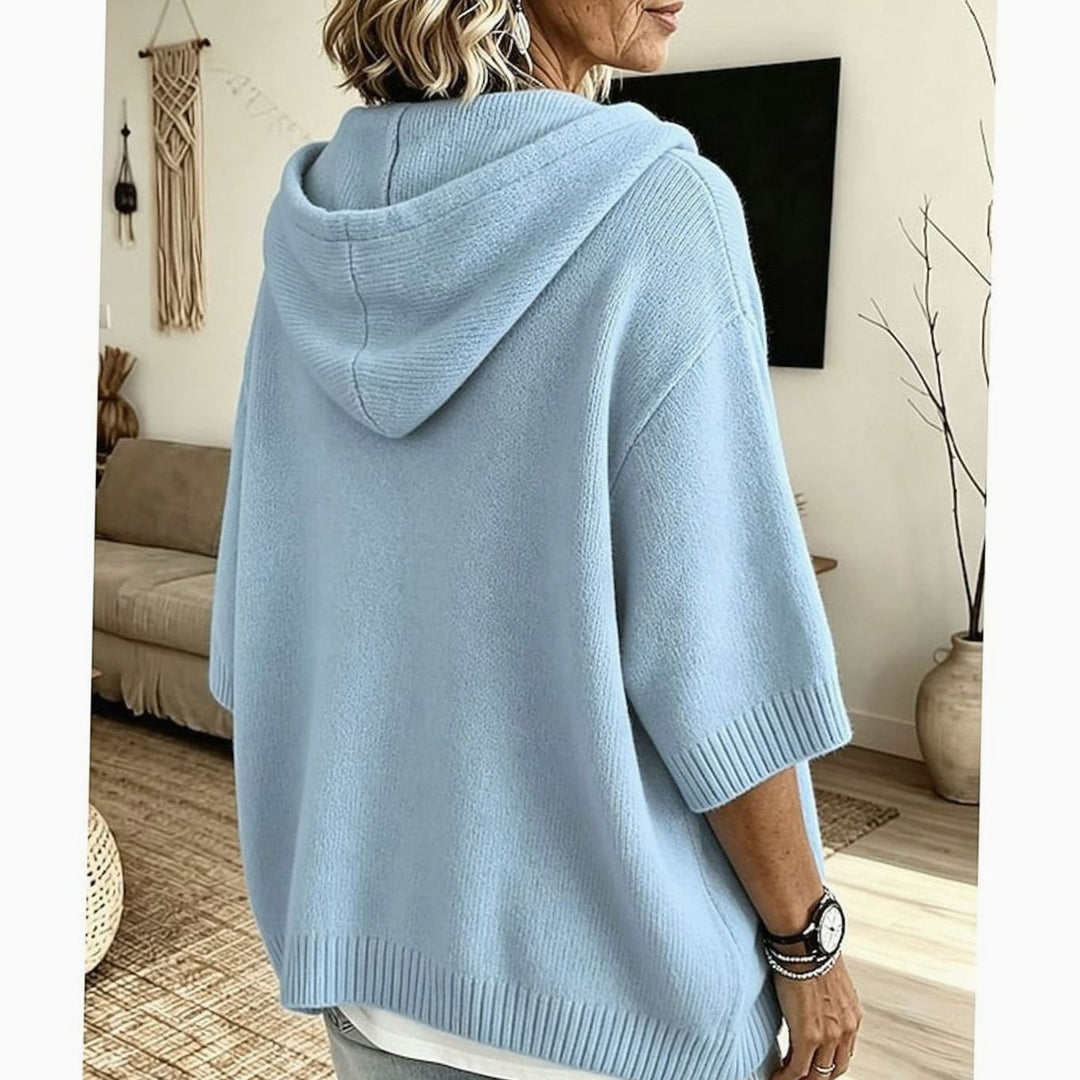 Women's Relaxed-Fit Hooded Knit Sweater Half-Button 3/4 Sleeve