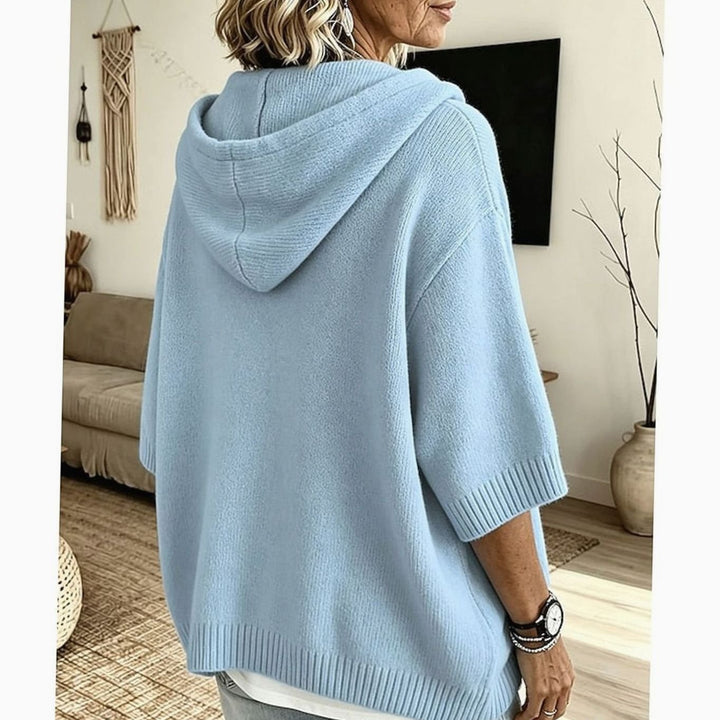 Women's Relaxed-Fit Hooded Knit Sweater Half-Button 3/4 Sleeve