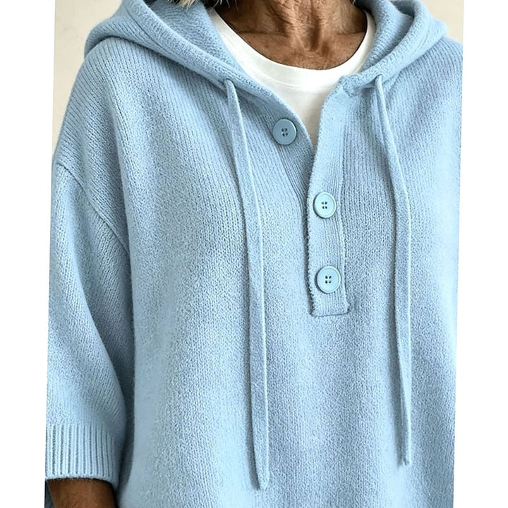 Women's Relaxed-Fit Hooded Knit Sweater Half-Button 3/4 Sleeve