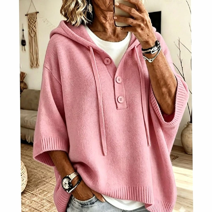 Women's Relaxed-Fit Hooded Knit Sweater Half-Button 3/4 Sleeve - Pink