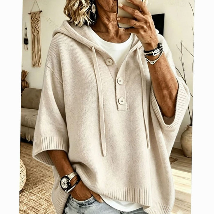 Women's Relaxed-Fit Hooded Knit Sweater Half-Button 3/4 Sleeve - Off White