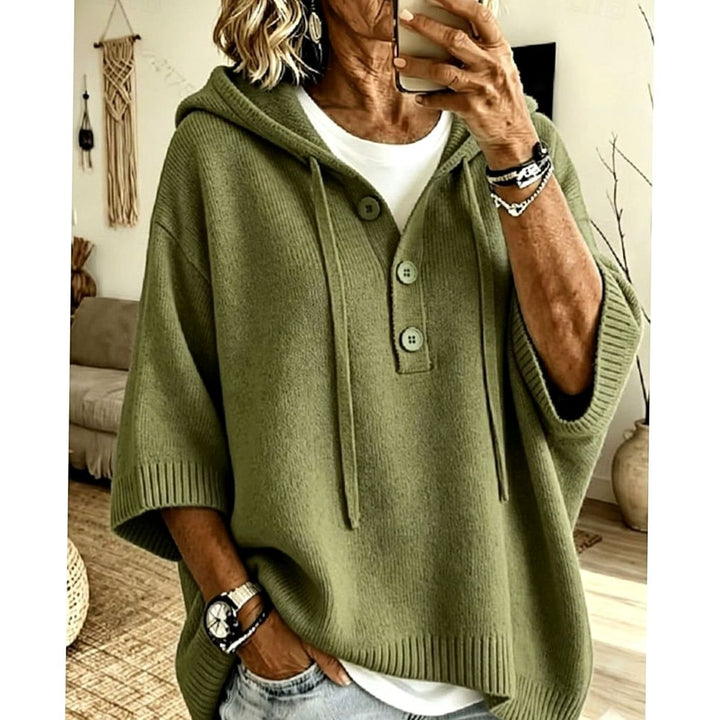 Women's Relaxed-Fit Hooded Knit Sweater Half-Button 3/4 Sleeve - Military Green