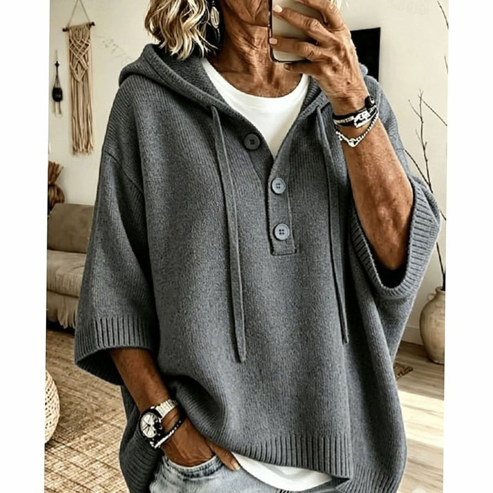Women's Relaxed-Fit Hooded Knit Sweater Half-Button 3/4 Sleeve - Grey