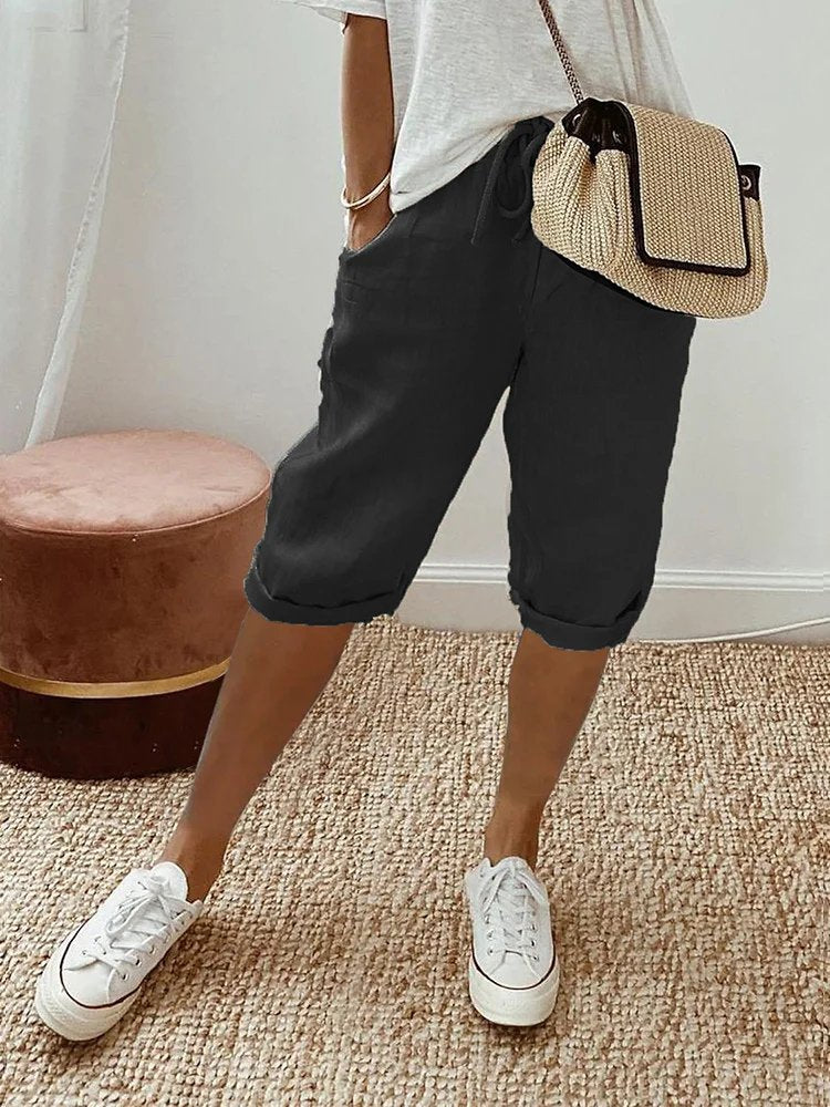 Women's Relaxed-Fit Linen Drawstring Cropped Bermuda Shorts - Black