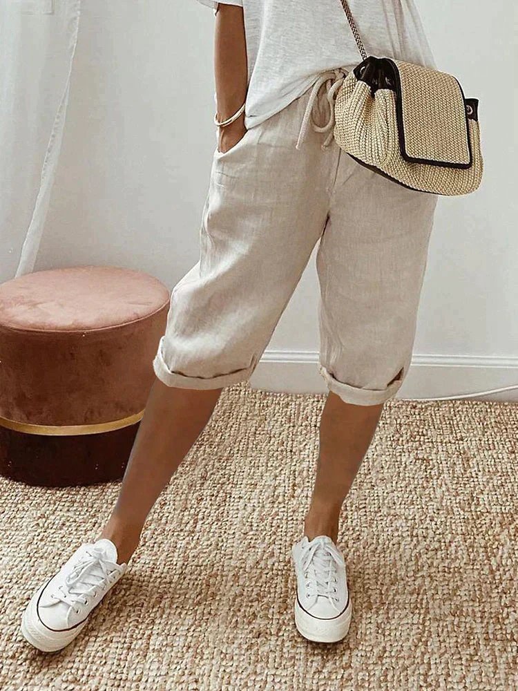 Women's Relaxed-Fit Linen Drawstring Cropped Bermuda Shorts - Beige