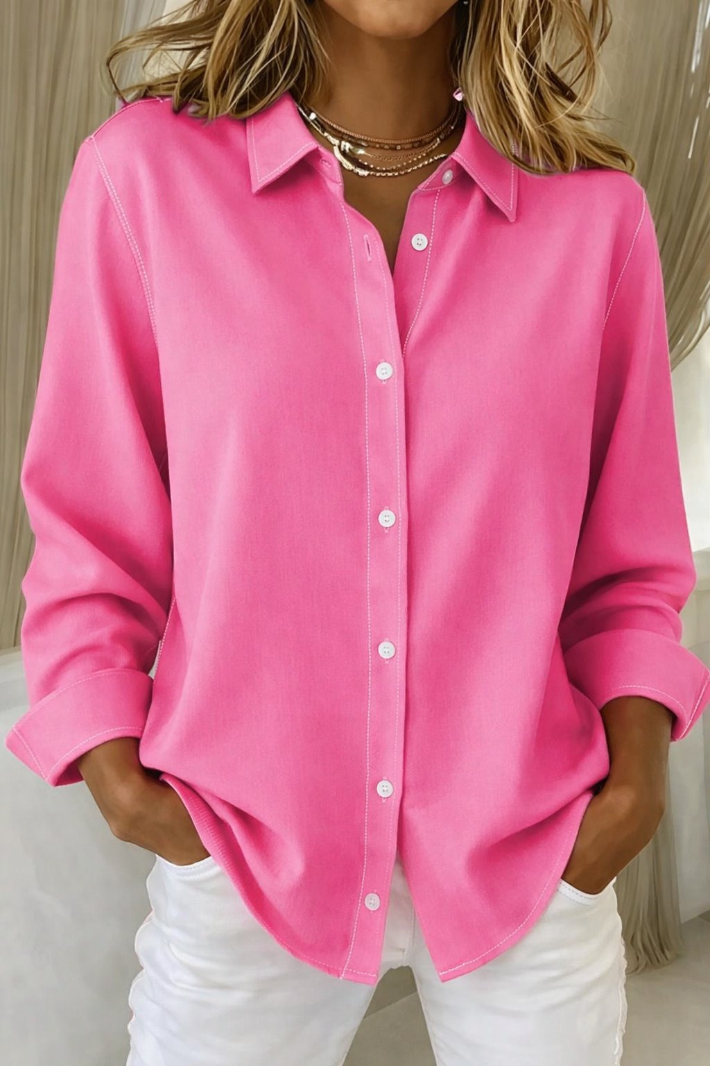 Women's Relaxed-Fit Long-Sleeve Button-Down Collar Blouse - Fuchsia