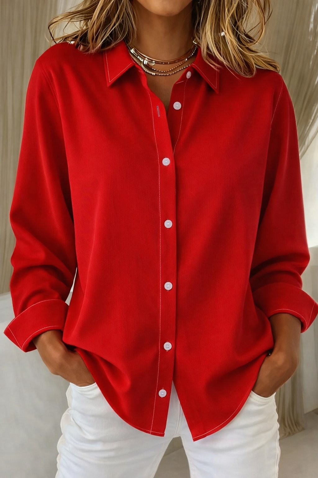 Women's Relaxed-Fit Long-Sleeve Button-Down Collar Blouse - Red