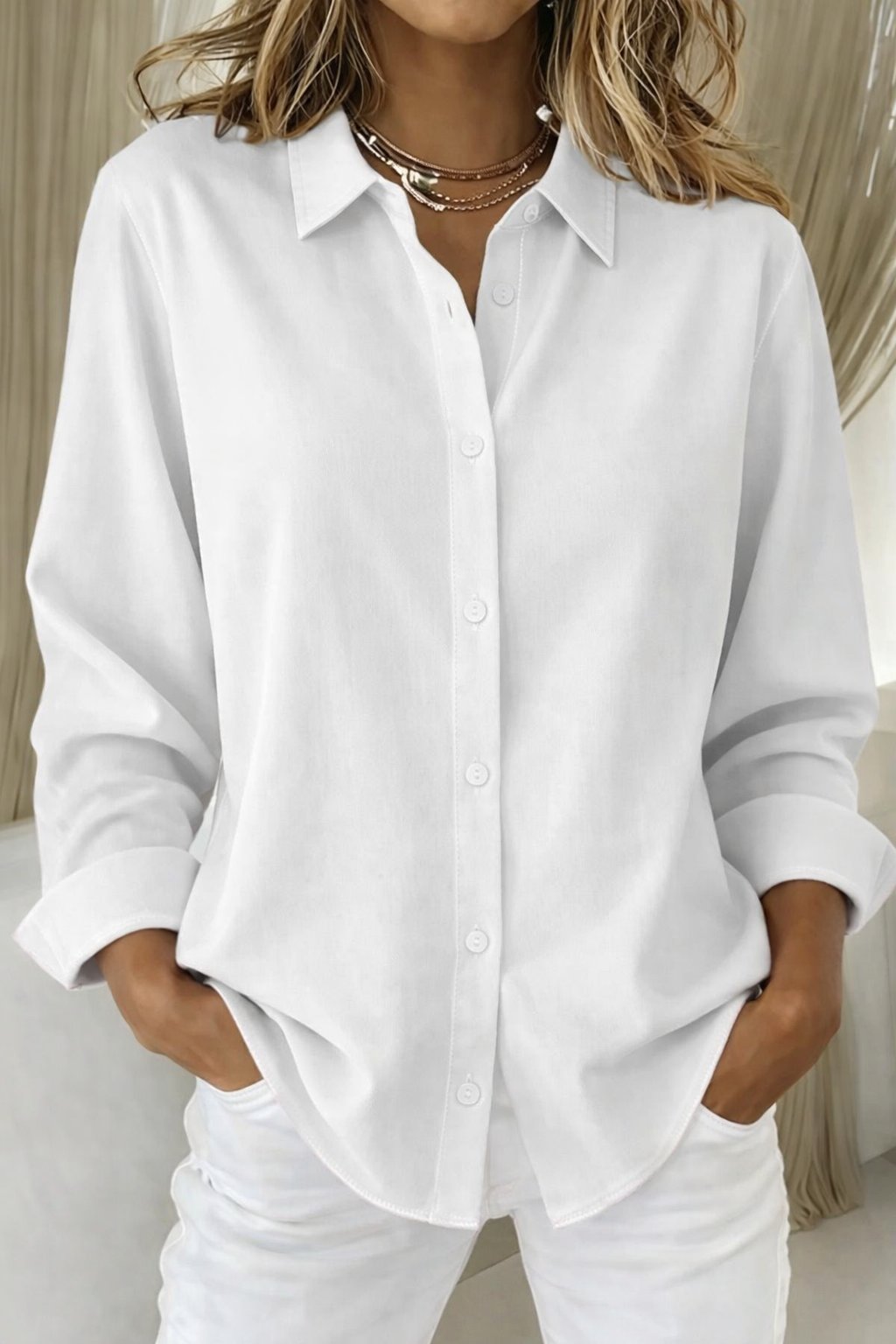 Women's Relaxed-Fit Long-Sleeve Button-Down Collar Blouse - White