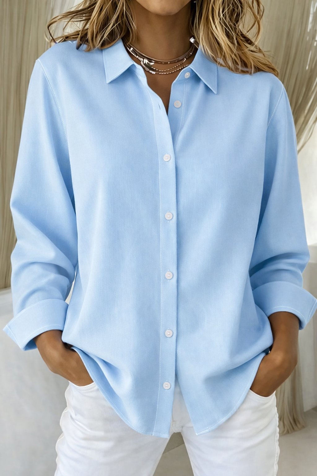 Women's Relaxed-Fit Long-Sleeve Button-Down Collar Blouse - Blue