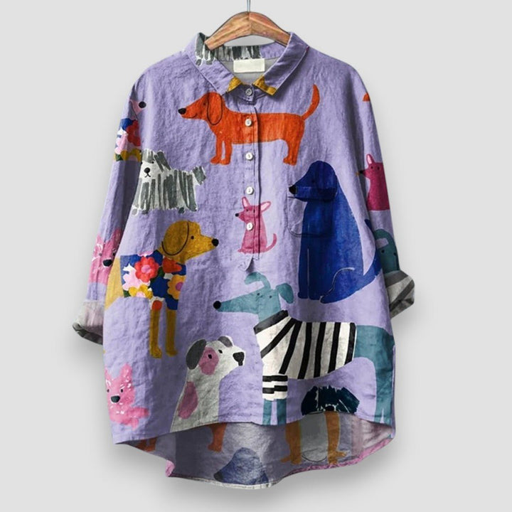 Women's Relaxed-Fit Long-Sleeve Dog Print Button-Down Shirt - Purple
