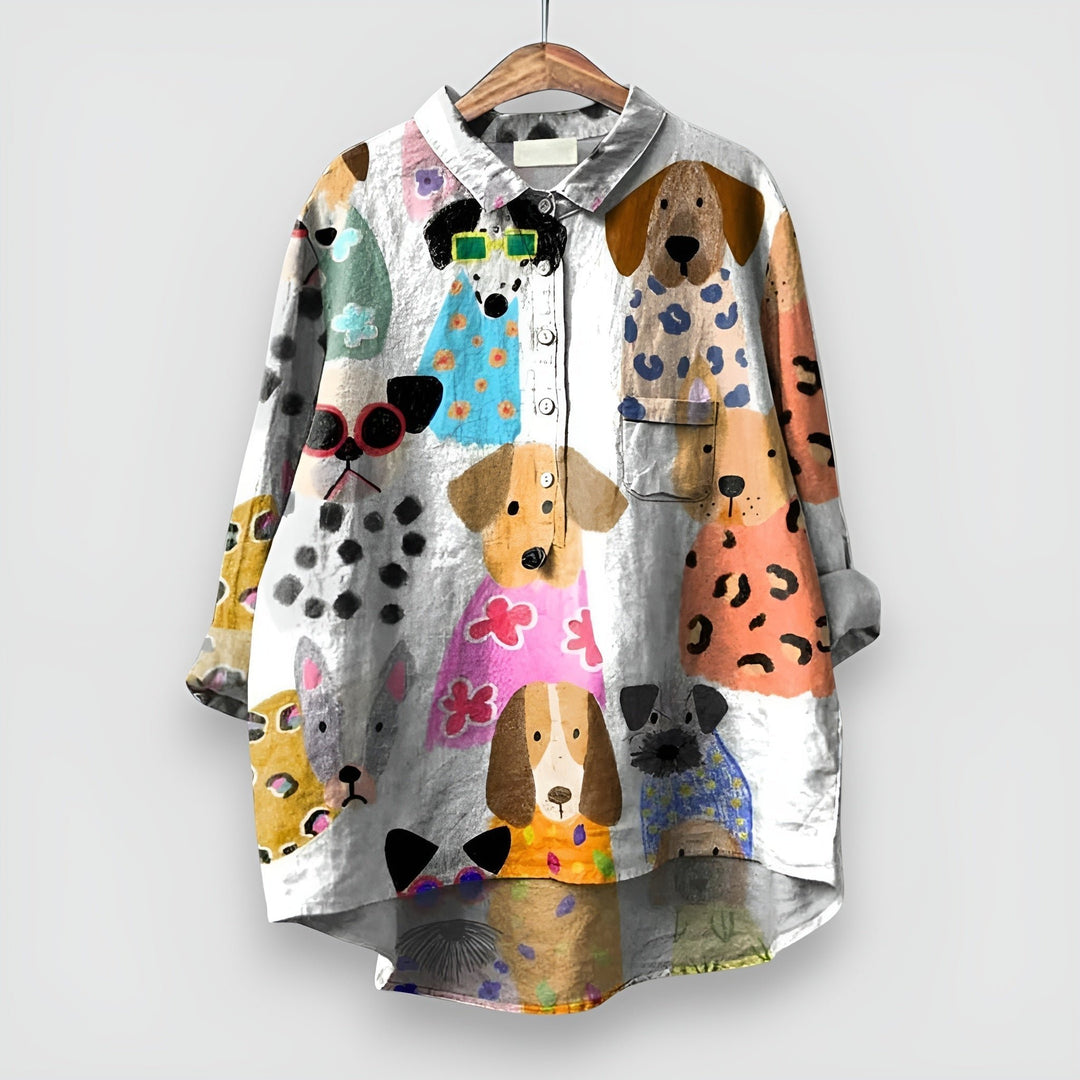 Women's Relaxed-Fit Long-Sleeve Dog Print Button-Down Shirt - White