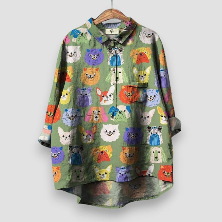 Women's Relaxed-Fit Long-Sleeve Dog Print Button-Down Shirt - Green