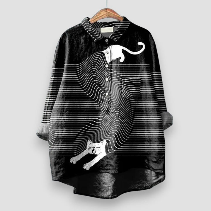 Women's Relaxed-Fit Long-Sleeve Dog Print Button-Down Shirt - Black