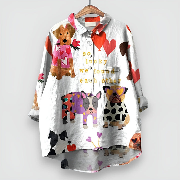Women's Relaxed-Fit Long-Sleeve Dog Print Button-Down Shirt - White 2