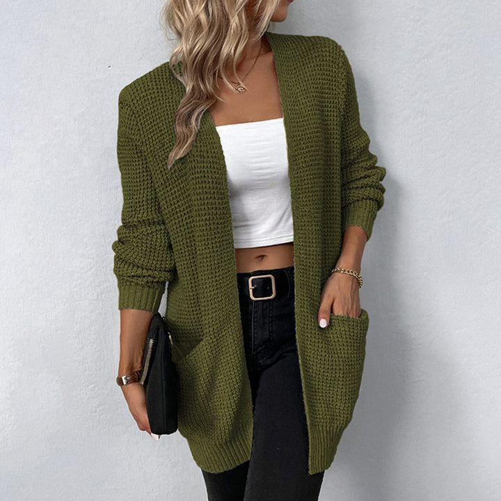 Women's Relaxed-Fit Open-Front Knit Winter Cardigan Patch Pockets - Army Green