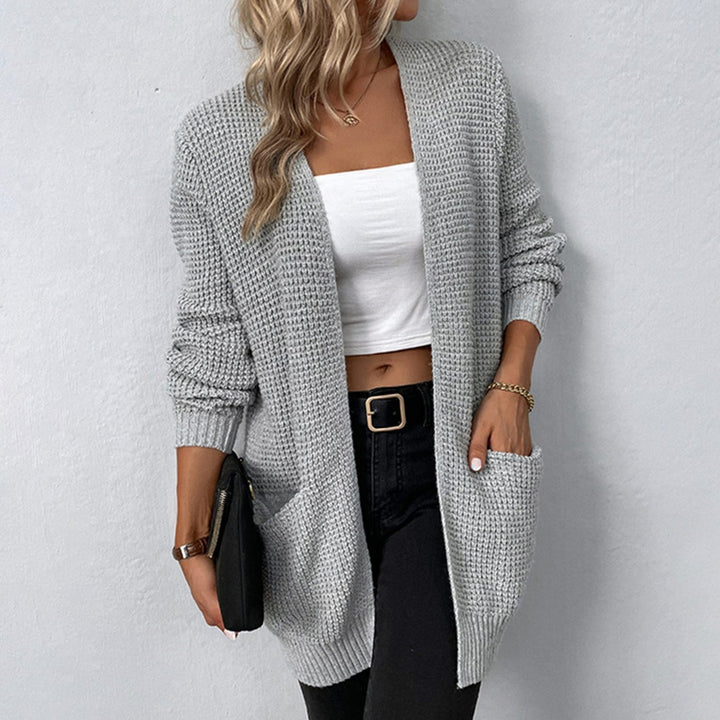 Women's Relaxed-Fit Open-Front Knit Winter Cardigan Patch Pockets - Grey