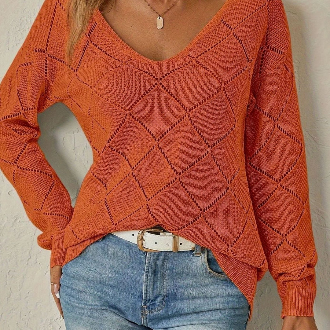 Women's Relaxed-Fit Openwork V-Neck Long Sleeve Sweater - Orange-Red