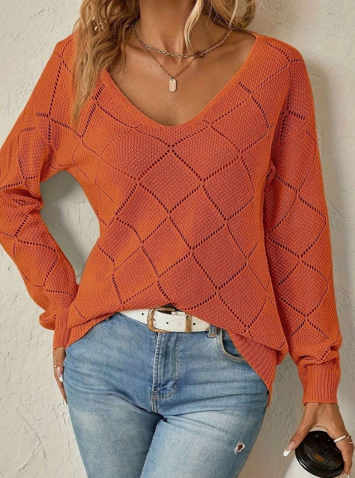 Women's Relaxed-Fit Openwork V-Neck Long Sleeve Sweater