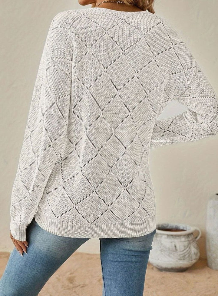 Women's Relaxed-Fit Openwork V-Neck Long Sleeve Sweater