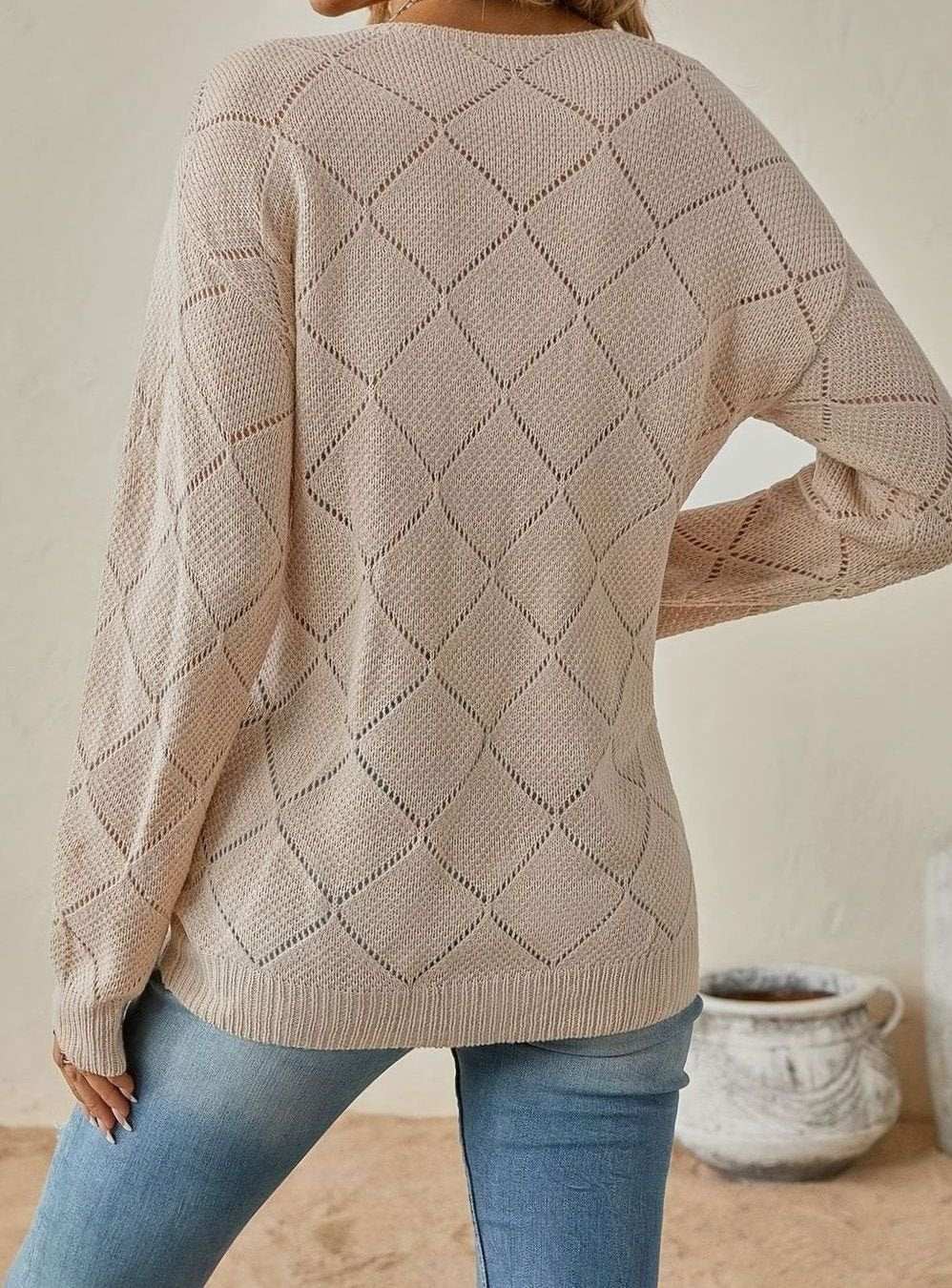 Women's Relaxed-Fit Openwork V-Neck Long Sleeve Sweater