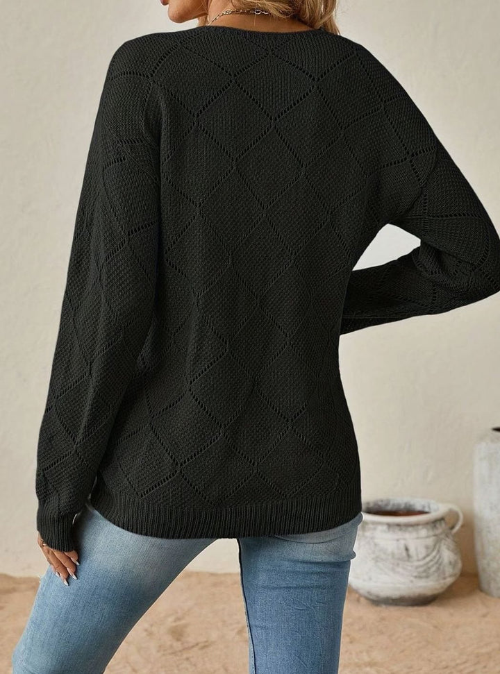 Women's Relaxed-Fit Openwork V-Neck Long Sleeve Sweater
