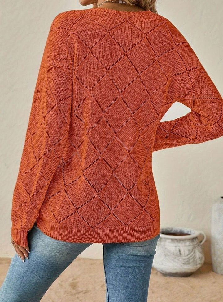 Women's Relaxed-Fit Openwork V-Neck Long Sleeve Sweater