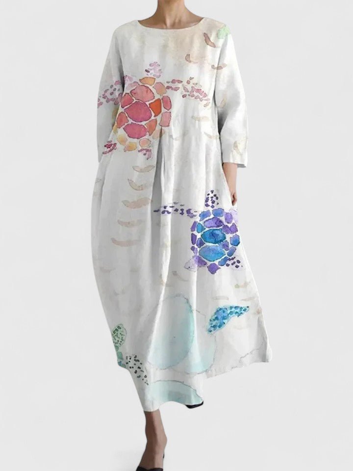 Women's Relaxed-Fit Sea Turtle Print Long-Sleeve Midi Dress - Flower 1