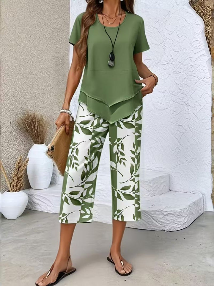 Women's Relaxed-Fit Short-Sleeve Botanical Leaf Print Two-Piece Set - Green