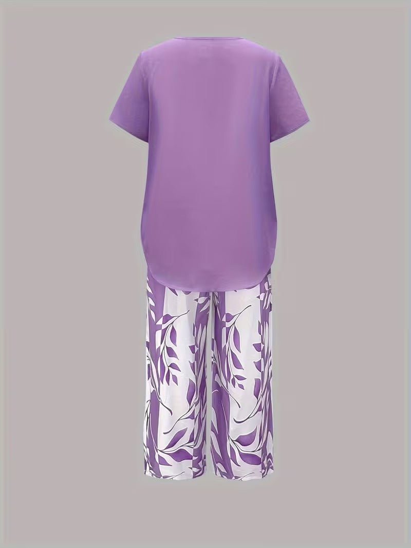 Women's Relaxed-Fit Short-Sleeve Botanical Leaf Print Two-Piece Set