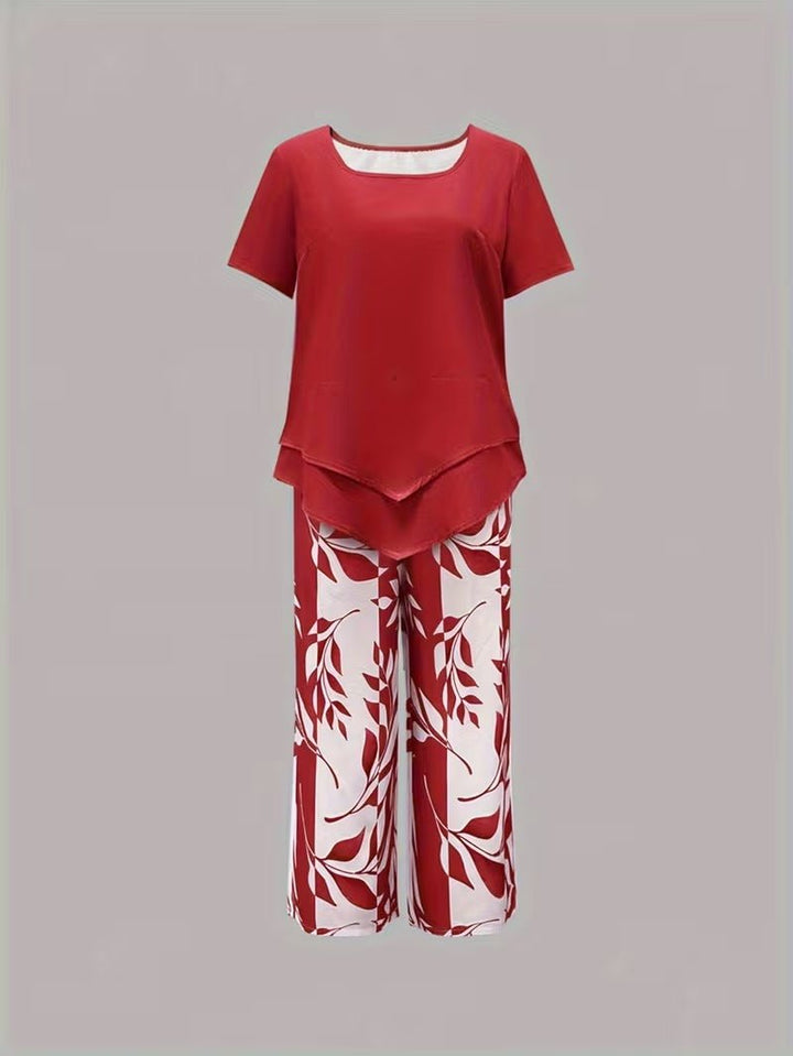 Women's Relaxed-Fit Short-Sleeve Botanical Leaf Print Two-Piece Set