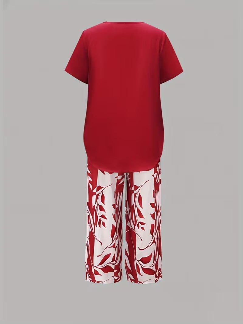 Women's Relaxed-Fit Short-Sleeve Botanical Leaf Print Two-Piece Set