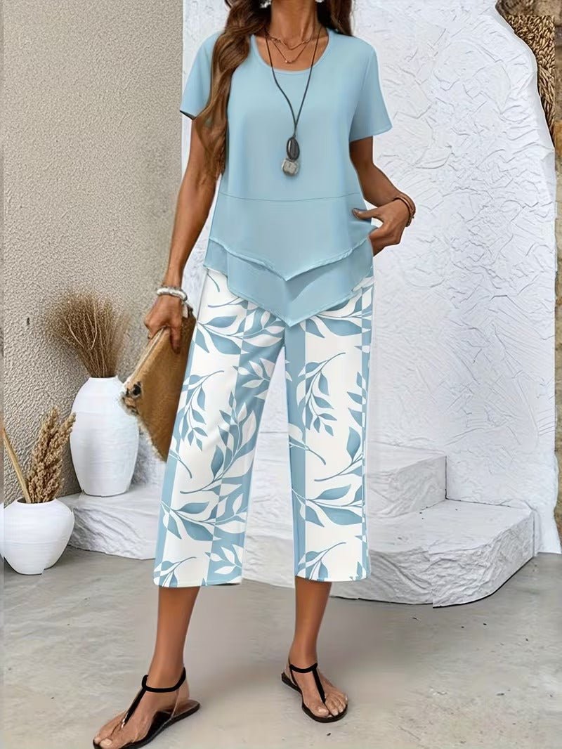 Women's Relaxed-Fit Short-Sleeve Botanical Leaf Print Two-Piece Set - Light Blue
