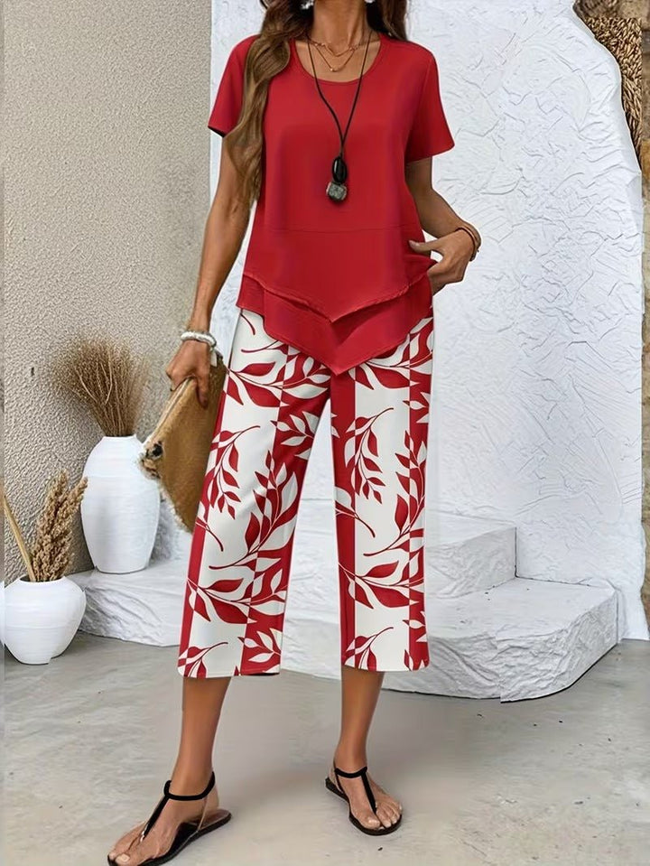Women's Relaxed-Fit Short-Sleeve Botanical Leaf Print Two-Piece Set - Red