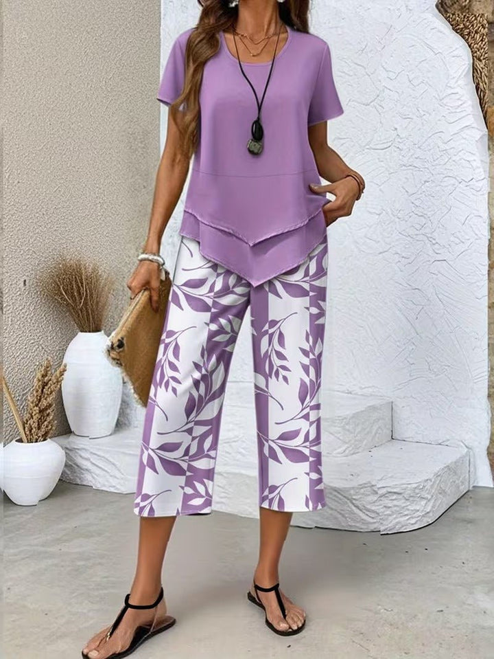 Women's Relaxed-Fit Short-Sleeve Botanical Leaf Print Two-Piece Set - Purple