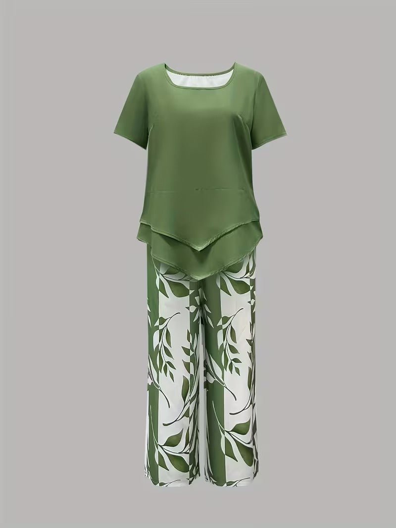 Women's Relaxed-Fit Short-Sleeve Botanical Leaf Print Two-Piece Set