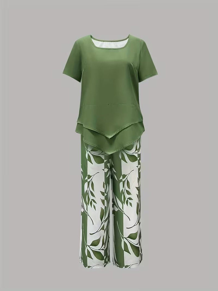 Women's Relaxed-Fit Short-Sleeve Botanical Leaf Print Two-Piece Set
