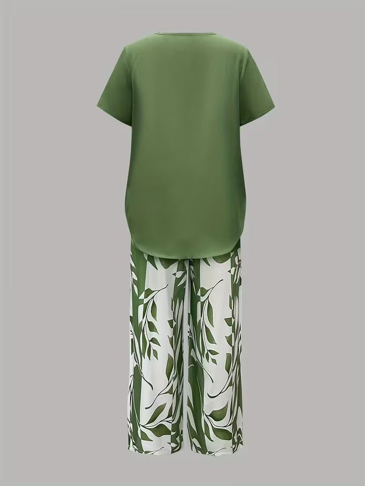Women's Relaxed-Fit Short-Sleeve Botanical Leaf Print Two-Piece Set