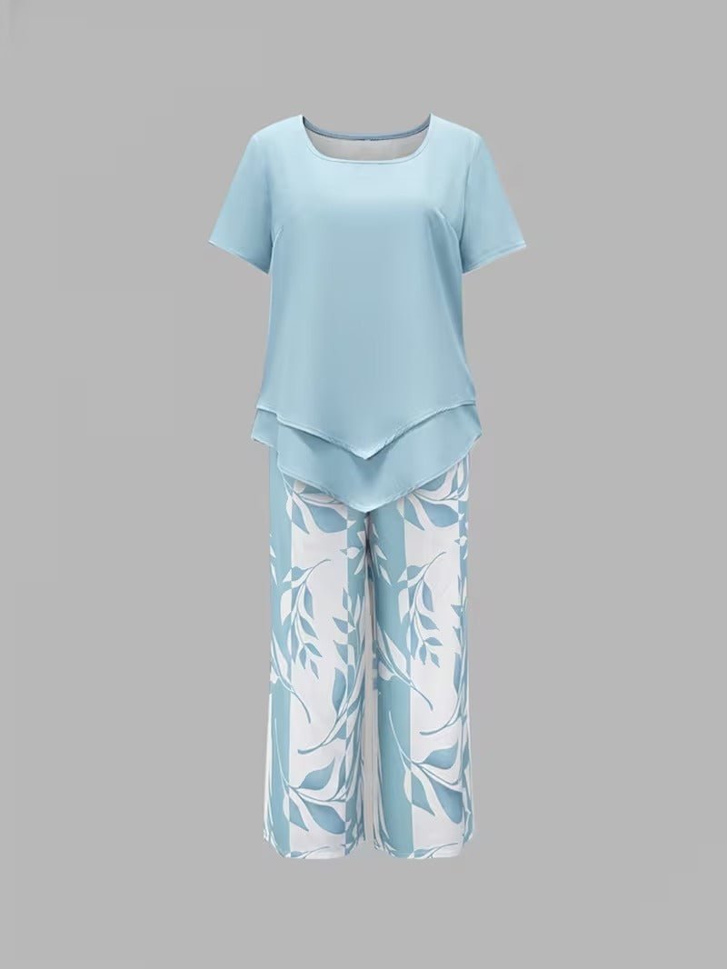 Women's Relaxed-Fit Short-Sleeve Botanical Leaf Print Two-Piece Set