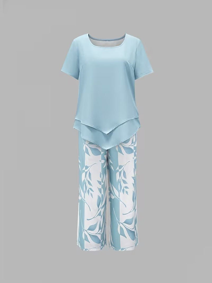 Women's Relaxed-Fit Short-Sleeve Botanical Leaf Print Two-Piece Set