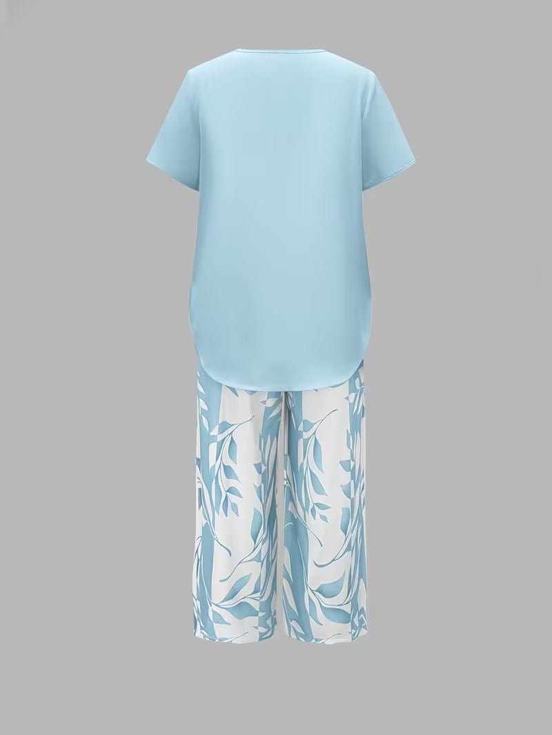 Women's Relaxed-Fit Short-Sleeve Botanical Leaf Print Two-Piece Set