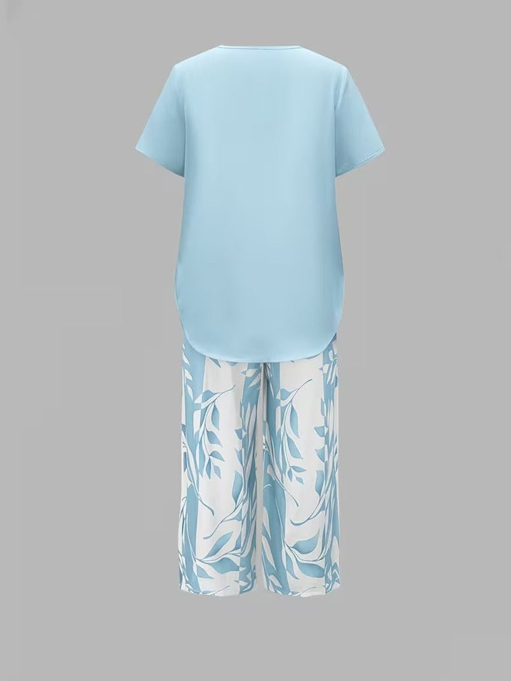 Women's Relaxed-Fit Short-Sleeve Botanical Leaf Print Two-Piece Set