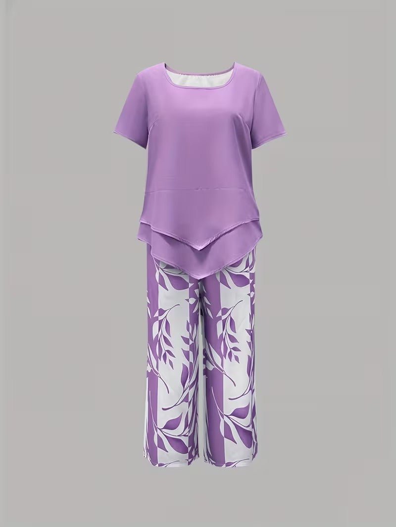 Women's Relaxed-Fit Short-Sleeve Botanical Leaf Print Two-Piece Set